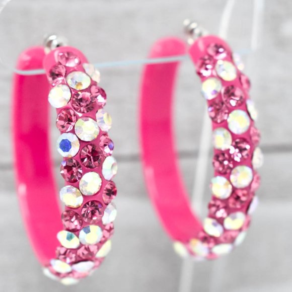 2" Pink Diagonal AB/Pink Rhinestones Hoop Earrings - Picture 5 of 9